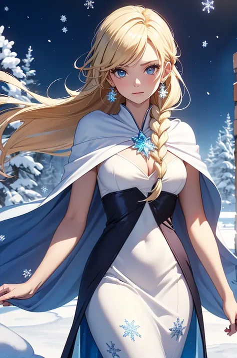 Create an image of a young female version of Sanji, dressed in a detailed Elsa cosplay. She has perfect, sparkling eyes with the most detailed eyes, filled with wonder and a touch of elegance. Her hair is a beautiful blend of blonde, styled into Elsas icon...