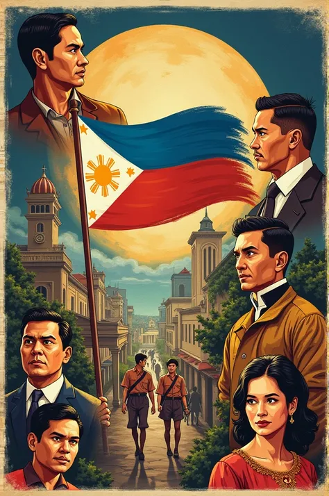 Make a poster with the Philippines history and with alot of drawings about the heroes and the KKK flag. The theme is "Salaysay Ng bayan, saysay Ng bansa" Wich means history of country and town 