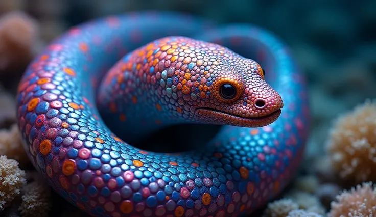 a colorful moray eel, multicolor scales, intricate patterns, vibrant colors, beautiful marine life, (best quality, 4k, 8k, high resolution, masterpiece: 1.2), ultra-detailed, (realistic, photorealistic, photorealistic: 1.37), highly detailed, intricate det...