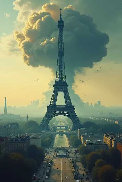 The Third World War in Paris. in the air, above the Eiffel Tower, an atomic pils can be seen. Draw the picture in the style of Claude Monet. 