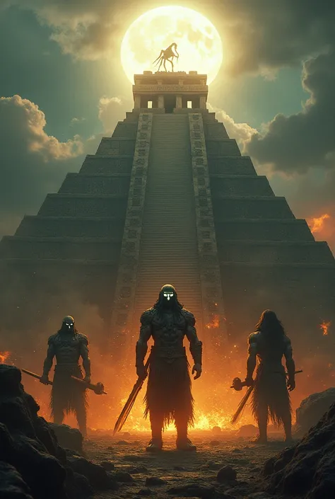 Aztec warriors hybridized with alien features offering sacrifice to the gods at the top of a pyramid for the deities that shine more than the sun with long hair white eyes and muscle mass greater than that of human beings in their hands they carry what app...