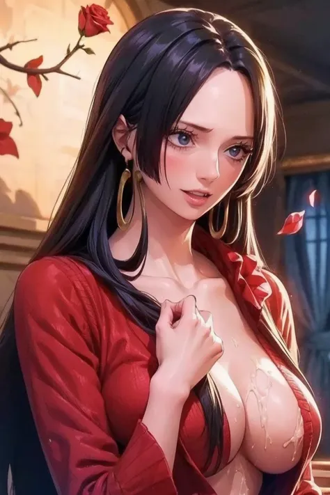 best quality, masterpiece, highly detailed,1girl,  ((rose)), (vine), cage, bandage, red rope, (detail light), falling rose petals, Boa Hancock,, (masterpiece:1.5), Detailed Photo, Smiling,(8K, Photorealistic, Best Quality: 1.4), (1girl), Beautiful Face, (a...