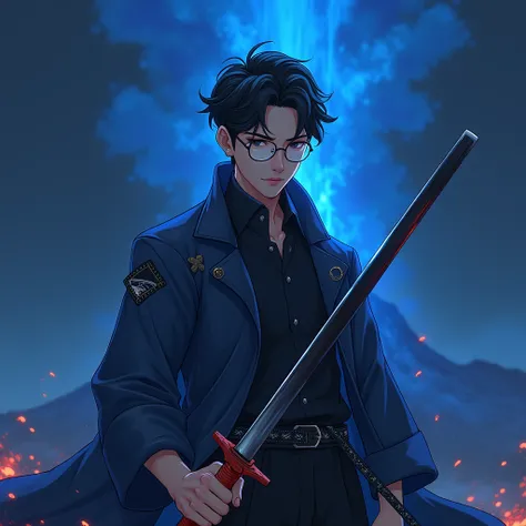 Create a character anime, {{background: text: “GLBK”, darkness blue vulcano}},
realistic, HDR, use glasses, handsome, korean style, full body, use katana, age 20, outfit name text: “PRAS”