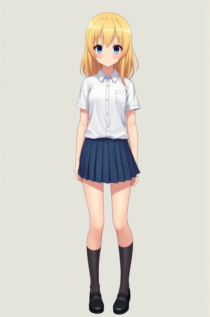 Young blonde girl, blue eyes, small breasts, small butt, wearing white school shirt, very short blue skirt, black shoes, facing camera