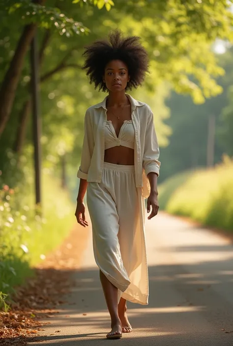 A very beautiful African American teenager. Walking on the road