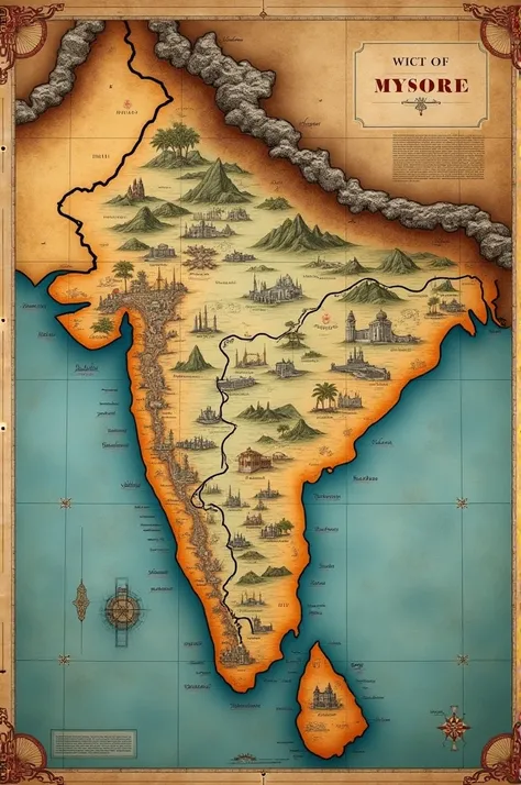 A detailed 18th-century map of India, highlighting the region of Mysore. The map should look old and textured, with historical borders and annotations. Zoom in on Mysore, with mountains and rivers clearly marked, giving it an ancient, strategic feel.