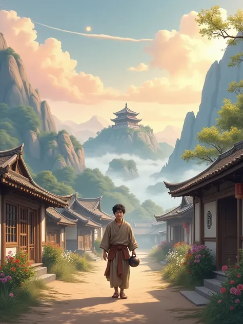 a small, serene village surrounded by majestic mountains and shrouded in morning mist. The wooden and bamboo houses with thatched roofs are simple but welcoming. The focus of the image is Li, a humble-looking young man dressed in worn but clean clothes. He...