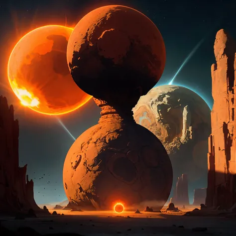 a surreal scene on the sun, a giant fiery orb in the sky, scorching hot landscape, floating rock formations, mysterious glowing structures, alien technology, bright orange sky, dynamic lighting, vibrant colors, cinematic composition, highly detailed, photo...