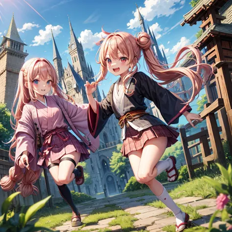 Pink Blonde、Red eyes、Wavy Hair、Hair tied up、Two cute、Checked mini skirt、black t-shirts、cardigan、kimono、Knee-high socks、Teeth are visible、Monster Castle、Tilting face、grass、Stones are growing out of the ground.、In front of the city gates、Underground tunnels、...