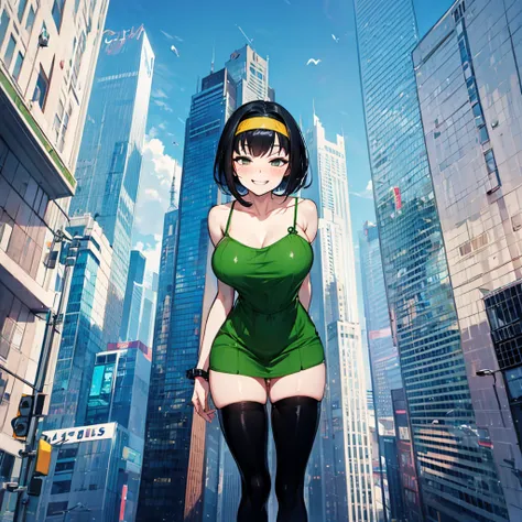 (solo), (1 skinny girl standing), arms behind back, swaying back, (tight-fit black thighhighs), collarbone, BREAK, (yellow hairband), green sheer dress with shoulder straps, (shoulderless white shirts under dress), glass-walled skyscrapers in distance, BRE...