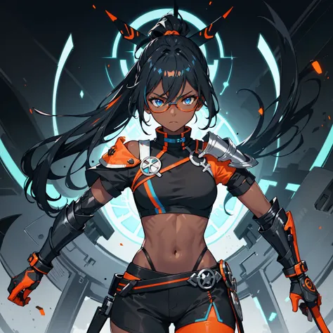 (((One character))), woman, (((Dark Skin)))), Black hair ponytail, Bright Blue Eyes, Round glasses with slightly dark lenses。The lenses are orange。, Light blue frame, (((Black metallic gauntlets and greaves with orange and silver highlights)), (((The cloth...