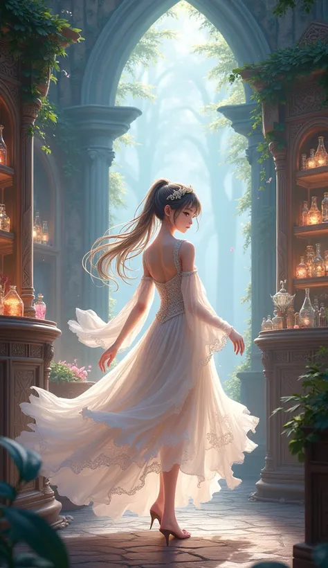 A beautiful japanese anime girl wearing a beautiful dress standing in a mystical shop. Fantasy atmosphere. Soft lighting. Anime style.