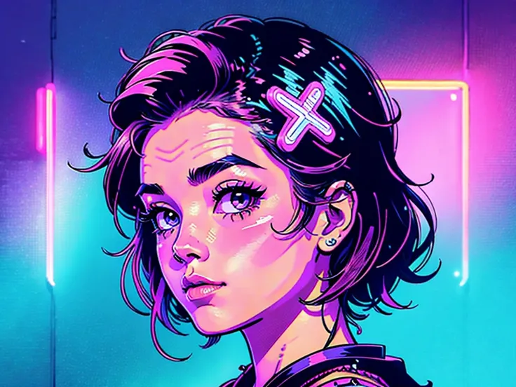 head and shoulders portrait, line drawing, neon, kawaii punk girl, beautiful