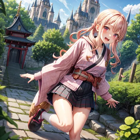 Pink Blonde、Red eyes、Wavy Hair、Hair tied up、Two cute、Checked mini skirt、black t-shirts、cardigan、kimono、Knee-high socks、Teeth are visible、Monster Castle、Tilting face、grass、Stones are growing out of the ground.、In front of the city gates、Underground tunnels、...