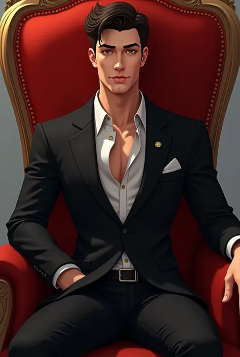 Handosome semi animated 25 yearsold man sitting in the red royal chair wearing a black suit.