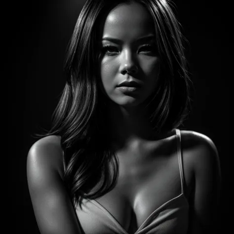 malese jow, black and white portrait, detailed beautiful face, stunning eyes, full lips, elegant expression, dramatic lighting, high contrast, cinematic mood, dramatic shadows, moody atmosphere, masterpiece, (best quality,8k,highres,ultra-detailed,realisti...