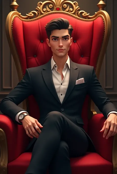 Handosome semi animated 25 yearsold man sitting in the red royal chair wearing a black suit.