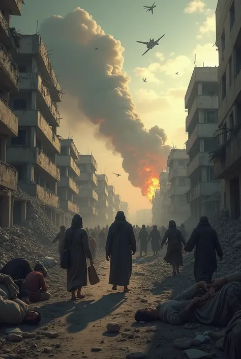 A war-torn landscape in Palestine, with devastated buildings reduced to rubble. Smoke and fire rise in the background, darkening the sky. In the foreground, people are fleeing, carrying their belongings, while others are wounded and seeking help. The faces...