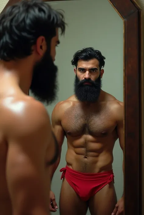 Strong hairy bearded Iranian man in front of mirror without clothes in red bikini bulge top showing.