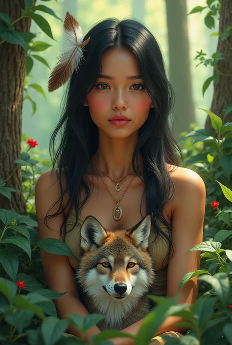 A  beautiful young Native light brown skin American woman in the forest landscape with a smaller young wolf next to her, airbrush artwork, Feather in hair half body, center, Ultra HD, realistic, vibrant colors, very detailed, UHD drawing, pen and ink, perf...