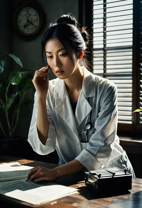 Beautiful botanical genius, Misaki Sato, 28, Japanese, long black hair in a messy bun, concentrated expression, A dimly lit, brand new, clean laboratory, early morning sunlight streaming through venetian blinds, creating stark shadows, papers strewn across...