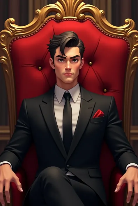 Handosome semi animated 25 yearsold man sitting in the red royal chair wearing a black suit.