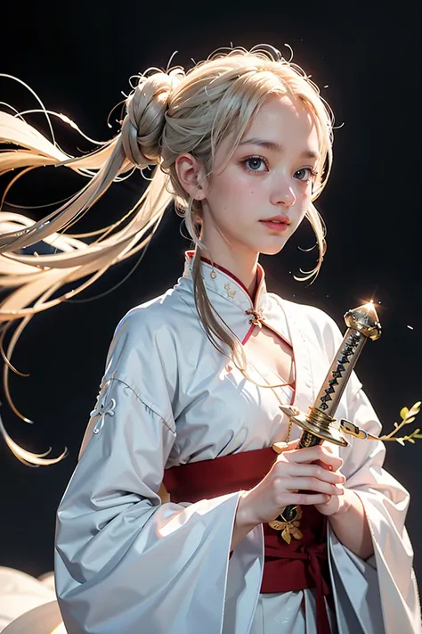 Close-up of a woman holding a sword in a white dress., Character illustration by Yang J., Trending on CGSociety, fantasy art, beautiful character drawings, artwork in the style of Gouvice, Gouvice, white hanfu, flowing white coat, Wu Xie&#39;s whole body, ...