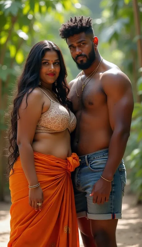 Newly wed couple, hot south indian thick milf with long black hair, big breast, big hip, big ass, thick thighs, woman wearing bra and tight shorts, indian couple, short brown man with afro haircut, big muscular body and beard, man wearing shorts, woman wit...