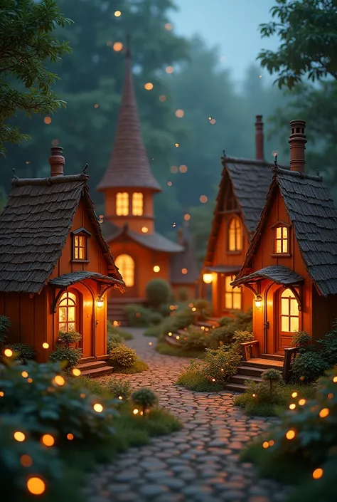 (photorealism:1.2), Villa where it is always night, where there are fireflies illuminating the place. With a pleasant, homely and magical atmosphere. The houses are small orange fantasy 