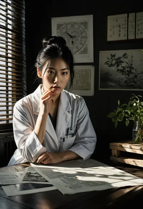 Beautiful botanical genius, Misaki Sato, 28, Japanese, long black hair in a messy bun, concentrated expression, A dimly lit, brand new, clean laboratory, early morning sunlight streaming through venetian blinds, creating stark shadows, papers strewn across...