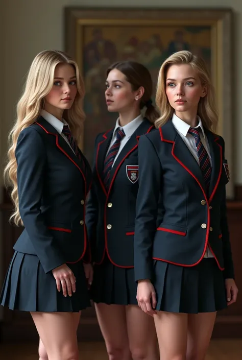 (ultra-detailed, photorealistic, best quality, 4k, 8k, highres, masterpiece:1.3), (((3 sexy female teenagers))), ((Cameron Diaz)), ((Nicole Kidman)), ((Charlize Theron)), ((wearing school uniform in a private school in the UK)), (intricate detail, super fi...