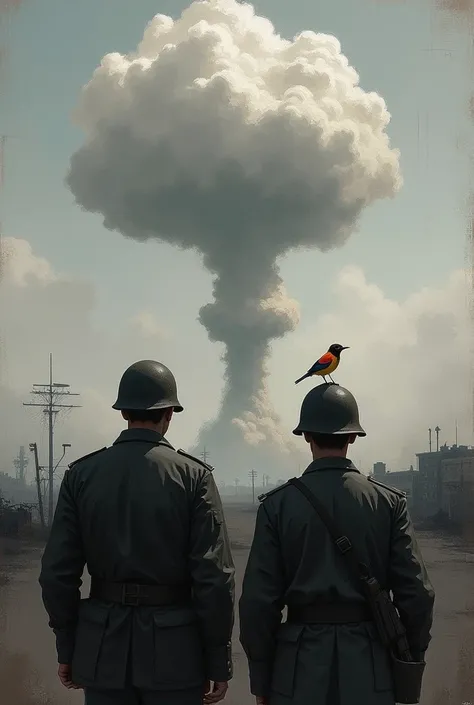 Draw the Third World War. A mushroom cloud can be seen in the air. In the foreground you can see some soldiers from behind. On the head of a soldier there is a very small, colorful bird. The rest of the painting is painted in black and grey tones. Draw the...