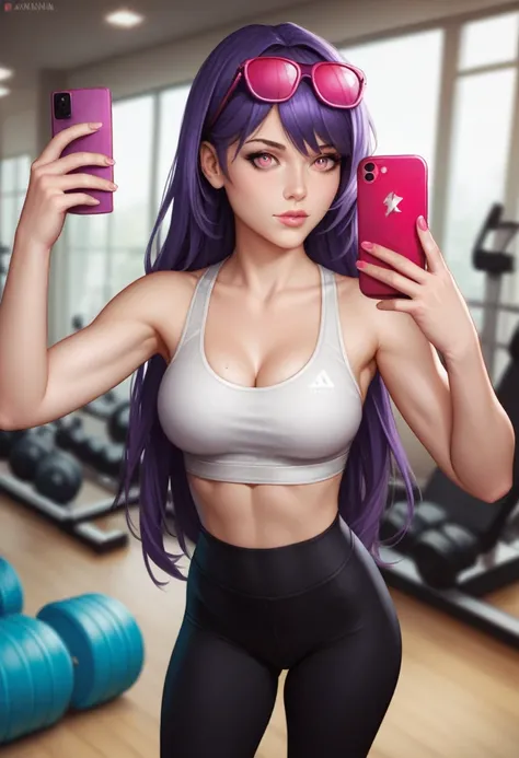 a woman using a cell phone and posing for a picture in a black outfit, 1girl, selfie, eyewear on head, breasts, phone, solo, purple hair, holding phone, yoga pants, cellphone, pink eyes, long hair, smartphone, pants, holding, gym, high-waist pants,photorea...