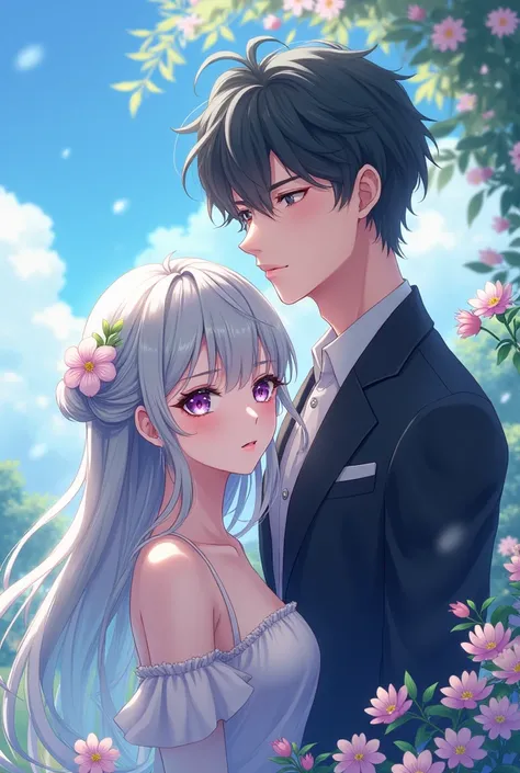 A girl with purple greenish eyes silver haired and a handsome guy anime