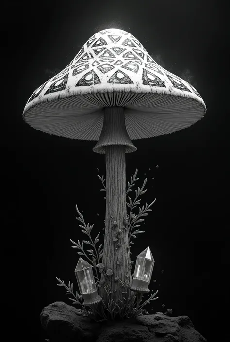 Mushroom with crystal magical themed black and white tattoo design