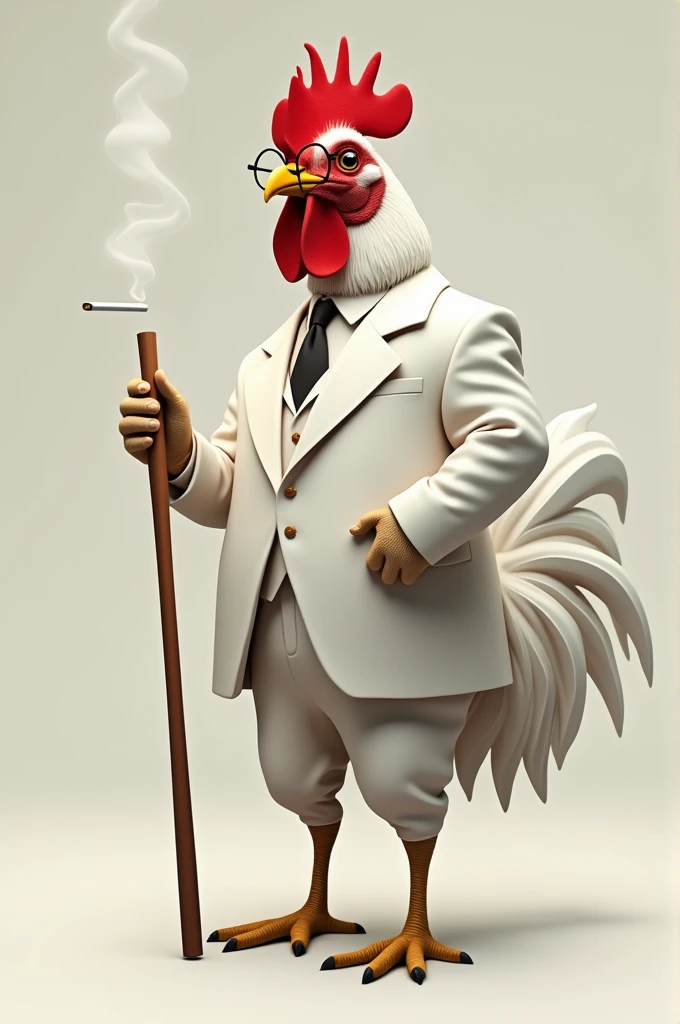 a picture of a rooster wearing a white suit holding a crutch and smoking a cigarette, also wearing glasses