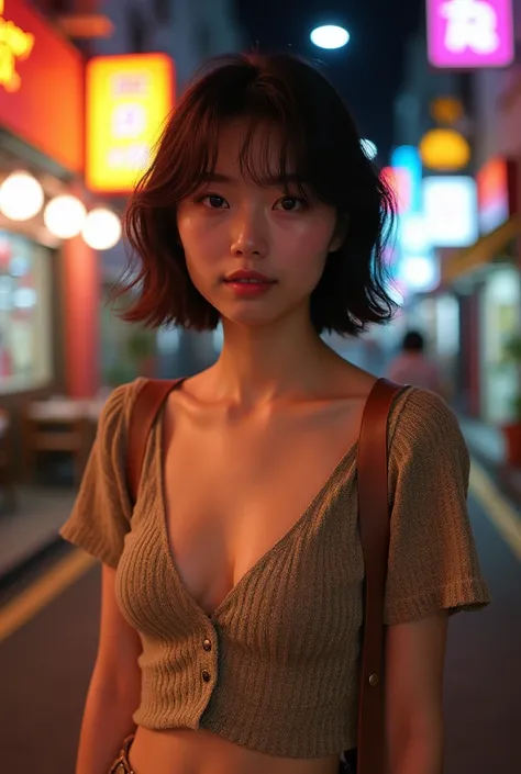 Selfie-style images。Young fair-skinned Japanese woman。Walking around the dining district at night wearing a short-sleeved summer knit made of cool-looking fabric。Sexy chest。Selfie-style images。