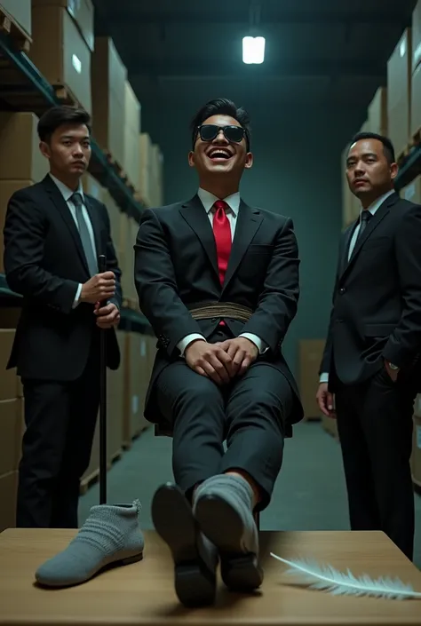 Malaysia malay handsome 21 years celebrity
His hand tied up  in warehouse 
Blindfolded
Black Suit and Red tie
feet on desk
feather
shoes on desk 
5 toes each feet 
Grey sock
Smock effect smelly sock
2 man holding feather duster at his feet
He laugh very ha...