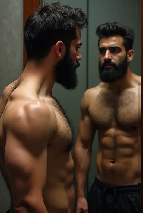 Strong hairy and bearded young Iranian man in front of the mirror without clothes naked naked from the hips up only skin and hair, top showing.