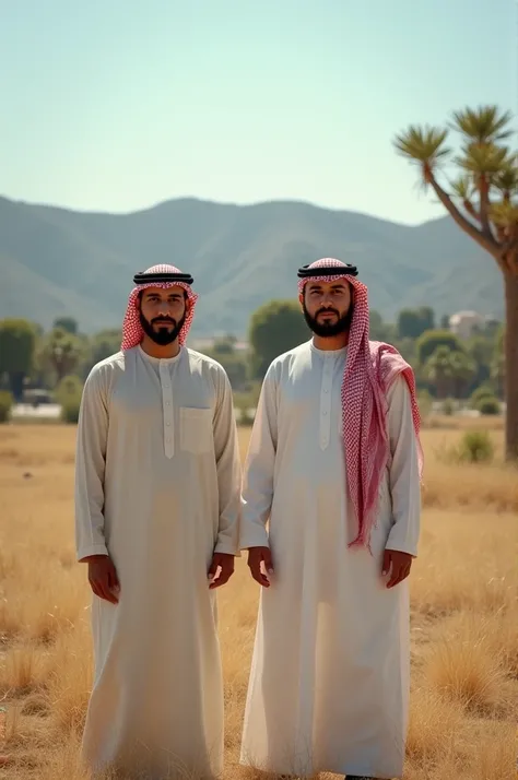 two men standing in a field with a view of a field, with village, in a scenic background, candid picture, in a vast serene landscape, hills in the background, amidst nature, ghutra and egal, with trees, fps view, very accurate photo, photo taken in 2 0 2 0...