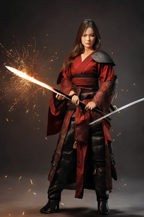 Ultra HD，1 Full body shot of a female warrior holding a Japanese samurai sword，wearing clothes, Sparks flew around