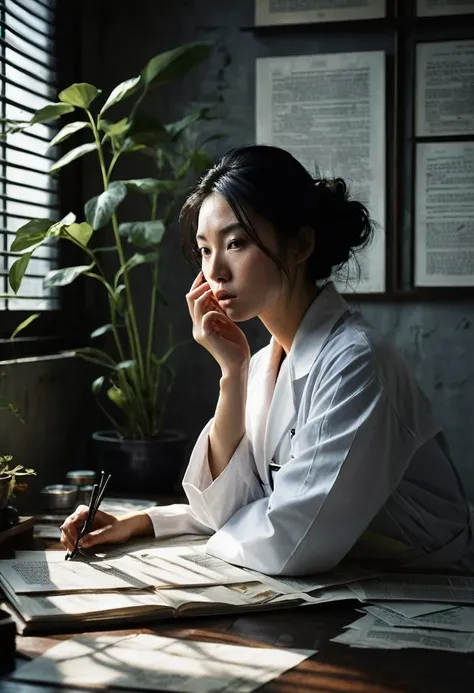 Beautiful botanical genius, Misaki Sato, 28, Japanese, long black hair in a messy bun, concentrated expression, Dimly lit, brand new, modern, clean lab, early morning sunlight streaming through venetian blinds, creating stark shadows, papers strewn across ...