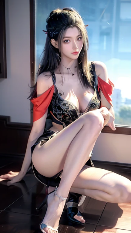 ((whole body)), 1 girl, Long hair, （Red lace underwear）, Black Hair, long legs, Slender eyes, Fascinating eyes, Three long thin red hairpins, （（Human dynamic aerial posture））, drift, （（People in the air））, Elongated eyebrows, Tall and skinny, Clothes flutt...