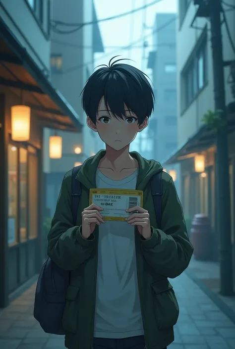 “Create an image in the style of Makoto Shinkai of a person holding a ticket that is valid for one year.”