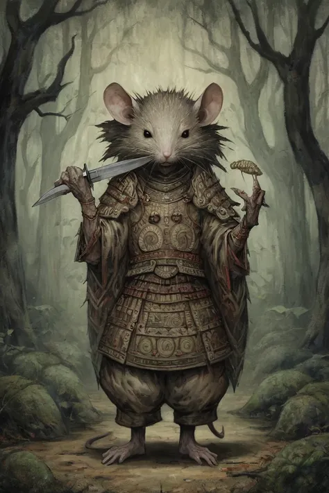 Absurd Wabi-Sabi, a Rat Man，forest，在forest洞穴, Dressed in elegant tribal-era armor， Surrealism, Holding a knife