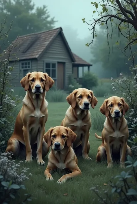 Four sad dogs in a garden with a house in the background 