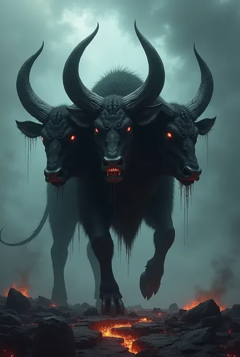 Create a image of  three headed black bull monster 