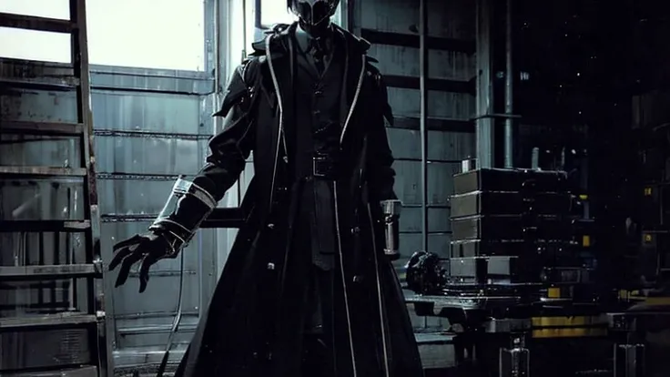 Black Hair、Cold look:1.5、Dark Background、night、whole photo、Black gloves、Ominous Machine Lifeform、Nihil、Half of his body is made of machinery、Mechanical Man:1.5、Modern clothing:、Creepy、Scary atmosphere、Long coat、basement、Dim lighting、Dark Shadows