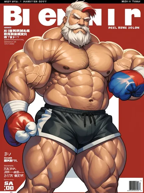 (magazine cover), with text, solo, 1boy, (Huge Muscular Old man as a boxer, wearing boxing gloves , wearing shorts, topless) (short hair, 2tone hair color, two tone hair colors, red and white hair color), pectoral, abnormal muscle size, very big muscle, ab...