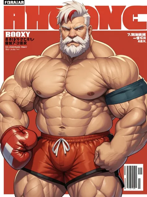 (magazine cover), with text, solo, 1boy, (huge muscular old man as a boxer, wearing boxing gloves , wearing shorts, topless) (sh...